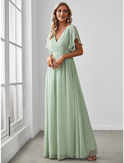 wholesale  A-Line Bridesmaid Dress V Neck Short Sleeve Elegant Stretch Chiffon with Ruffles / Solid