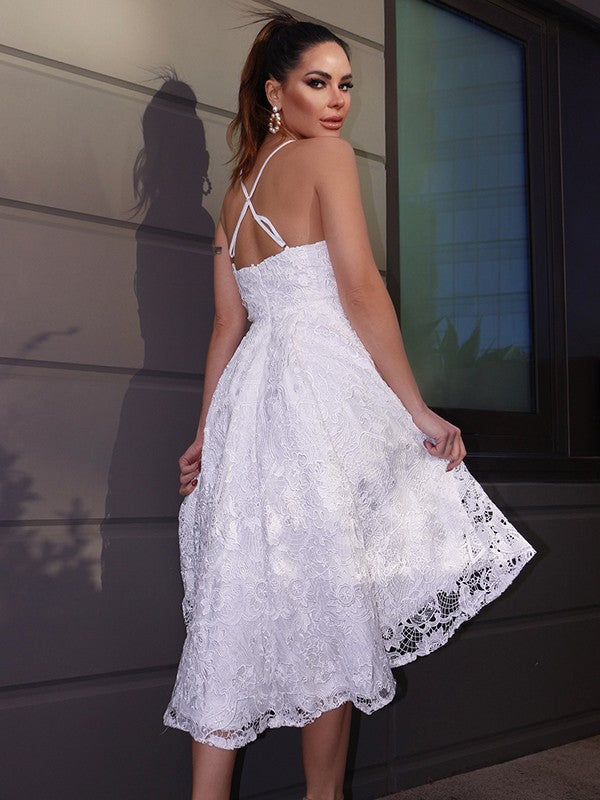 Wholesa  A-Line/Princess Sweetheart Lace Ruffles Sleeveless Asymmetrical Homecoming Dresses