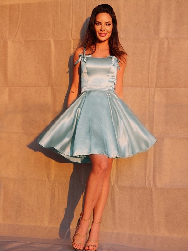 Wholesa  A-Line/Princess Ruffles Elastic Woven Satin Straps Sleeveless Short/Mini Homecoming Dresses