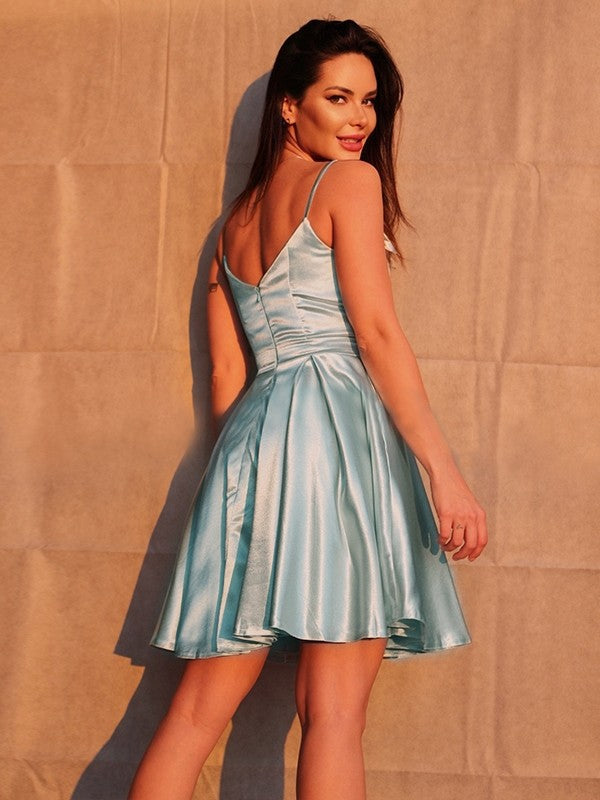 Wholesa  A-Line/Princess Ruffles Elastic Woven Satin Straps Sleeveless Short/Mini Homecoming Dresses