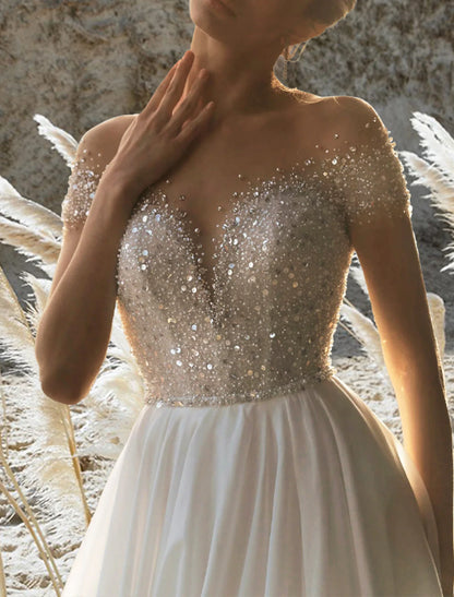 Wholesa  Beach Formal Wedding Dresses A-Line Off Shoulder Short Sleeve Court Train Chiffon Bridal Gowns With Pleats Beading