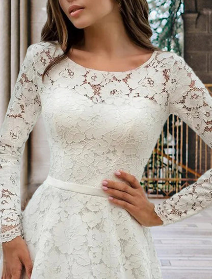 Wholesa Engagement Formal Fall Wedding Dresses A-Line Illusion Neck Long Sleeve Court Train Lace Bridal Gowns With Sashes / Ribbons Pleats