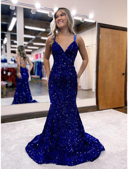 Wholesa Mermaid / Trumpet Prom Dresses Sparkle & Shine Dress Formal Wedding Party Court Train Sleeveless V Neck Sequined Backless with Sequin