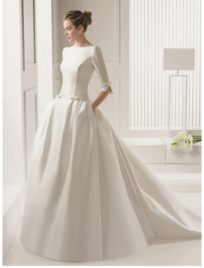 wholesale  Engagement Formal Fall Wedding Dresses A-Line Scoop Neck Half Sleeve Court Train Satin Bridal Gowns With Bow(s) Pleats