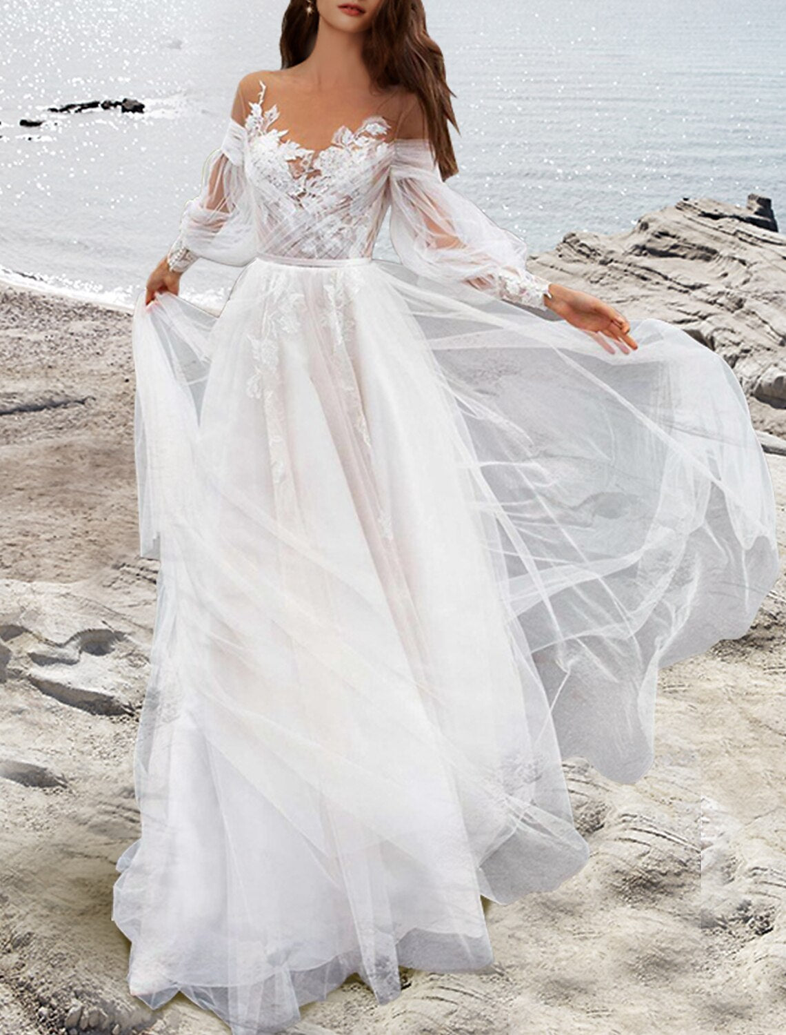 Wholesa Beach Wedding Dresses A-Line Off Shoulder Long Sleeve Sweep / Brush Train Lace Bridal Gowns With Pleats Appliques