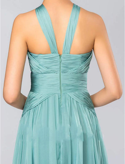 Wholesa  A-Line Bridesmaid Dress Halter Neck Sleeveless Elegant Floor Length Chiffon with Pleats / Draping