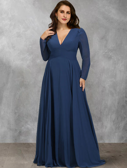 wholesale  A-Line Mother of the Bride Dresses Plus Size Hide Belly Curve Vintage Dress Formal Floor Length Long Sleeve V Neck Chiffon with Pleats Ruffles