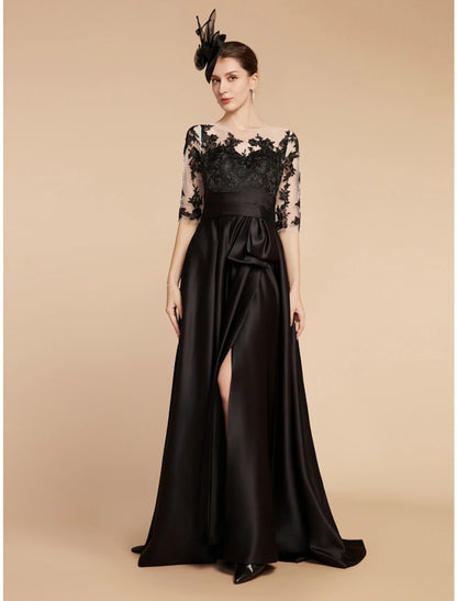 Wholesa  A-Line Mother of the Bride Dress Wedding Guest Elegant Party Jewel Neck Sweep / Brush Train Satin Lace Half Sleeve with Split Front Ruching Solid Color