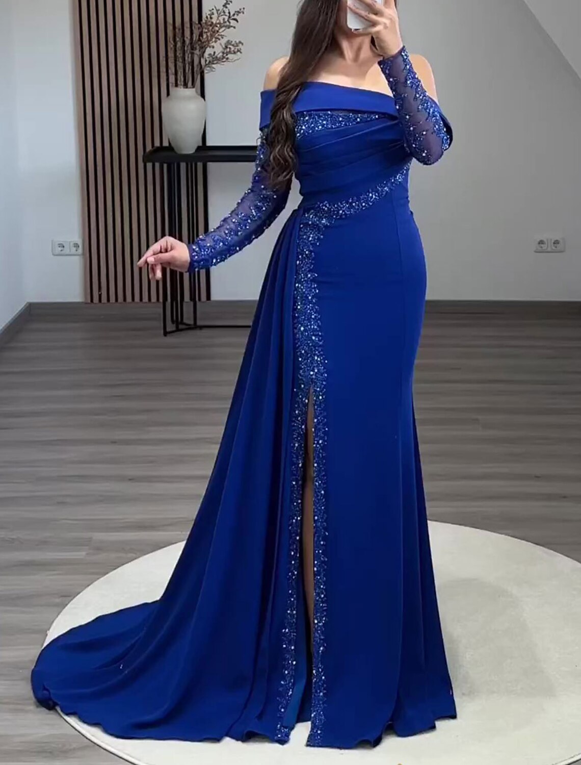 Wholesa Sheath / Column Evening Gown Elegant Dress Formal Prom Floor Length Long Sleeve Off Shoulder Stretch Fabric with Ruched Sequin