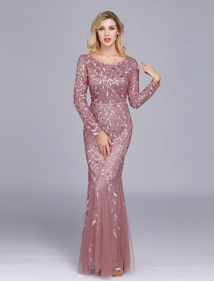 Wholesa Mermaid / Trumpet Empire Elegant Party Wear Formal Evening Valentine's Day Dress Jewel Neck Long Sleeve Floor Length Tulle with Embroidery / Illusion Sleeve
