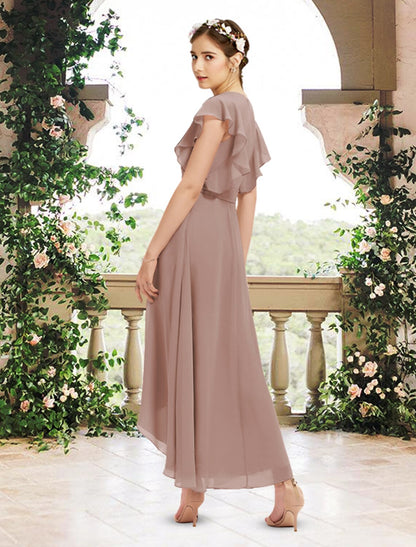 Wholesa  A-Line Bridesmaid Dress V Neck Short Sleeve Elegant Asymmetrical / Ankle Length Chiffon with Sash / Ribbon / Ruffles