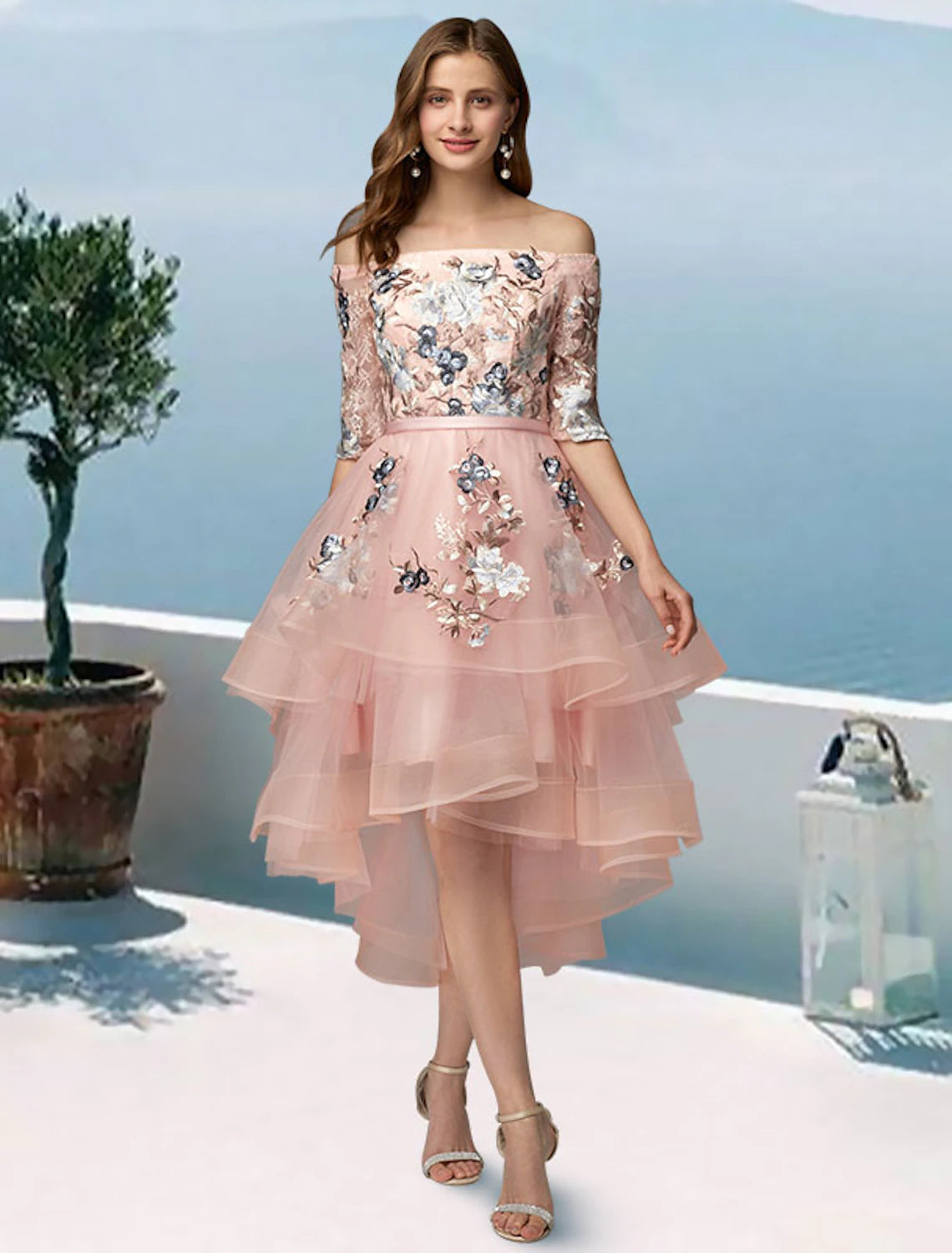 wholesa A-Line Prom Dresses Floral Dress Evening Party Wedding Party Asymmetrical Half Sleeve Off Shoulder Satin with Embroidery Appliques