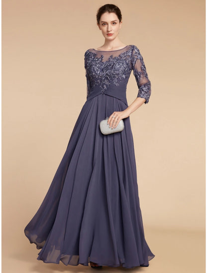 Wholesa A-Line Mother of the Bride Dress Wedding Guest Elegant Scoop Neck Floor Length Chiffon Lace 3/4 Length Sleeve with Ruching Solid Color