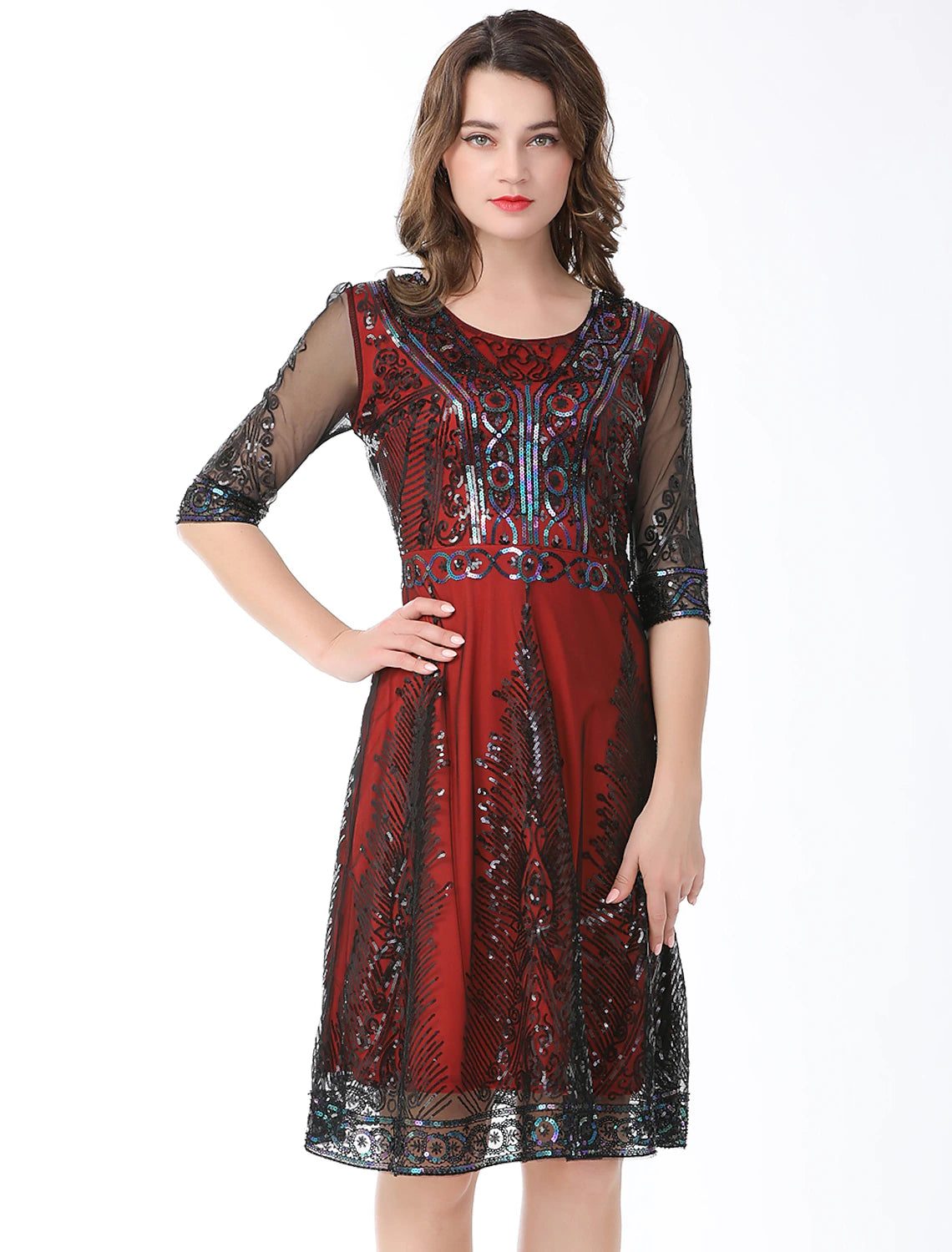 wholesa A-Line Elegant Vintage Holiday Party Wear Dress Jewel Neck Half Sleeve Knee Length Cotton Blend with Sequin Splicing