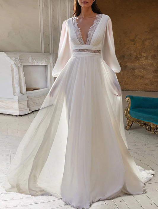 Wholesa Beach Open Back Boho Wedding Dresses A-Line V Neck Long Sleeve Floor Length Chiffon Bridal Gowns With Appliques Solid Color