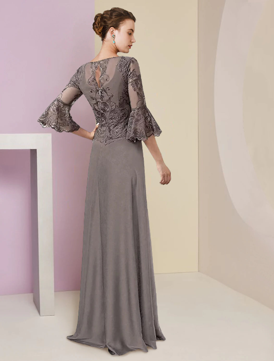 wholesale A-Line Mother of the Bride Dress Formal Elegant V Neck Sweep / Brush Train Lace Stretch Chiffon 3/4 Length Sleeve with Beading Appliques