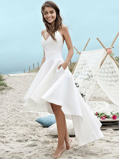 Wholesa  A-Line/Princess Satin Ruched Sleeveless Spaghetti Straps Asymmetrical Wedding Dresses