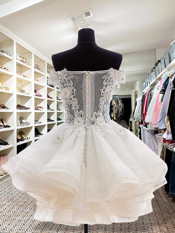 Wholesa  Ball Gown Off-the-Shoulder Cut Short With Applique Organza White Homecoming Dresses