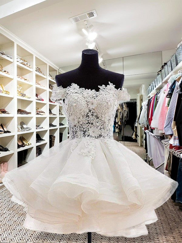 Wholesa  Ball Gown Off-the-Shoulder Cut Short With Applique Organza White Homecoming Dresses