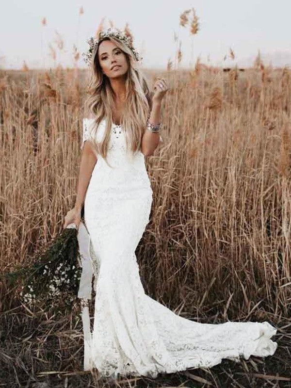 Wholesa  Trumpet/Mermaid Lace Applique Off-the-Shoulder Short Sleeves Court Train Wedding Dresses