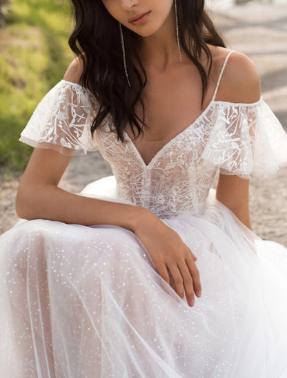 Wholesa Formal Wedding Dresses A-Line V Neck Short Sleeve Sweep / Brush Train Tulle Bridal Gowns With Pleats Solid Color
