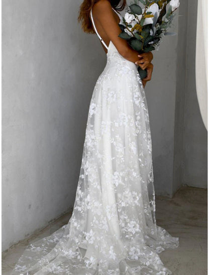 Wholesa Beach Deep V Neck Spaghetti Straps Wedding Dress Bridal Gown
