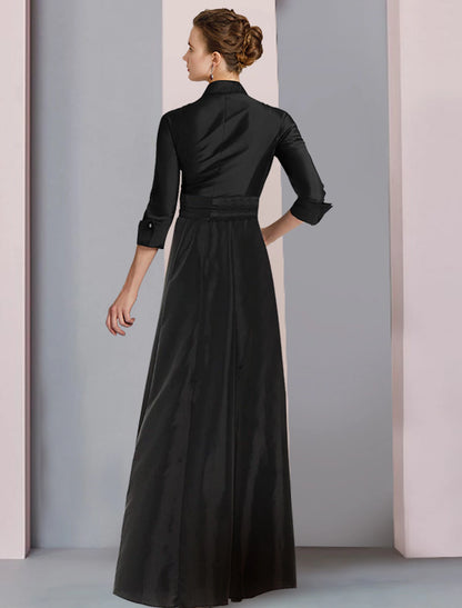 wholesale  A-Line Mother of the Bride Dress Plus Size Elegant High Low Shirt Collar Asymmetrical Floor Length Satin 3/4 Length Sleeve with Sash / Ribbon Bow(s) Pleats