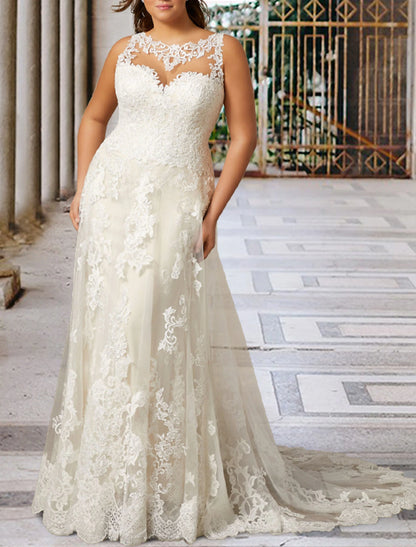 wholesale  A-Line Plus Size Curve Wedding Dresses Luxurious Dress Formal Evening Wedding Party Court Train Sleeveless Jewel Neck Lace with Appliques
