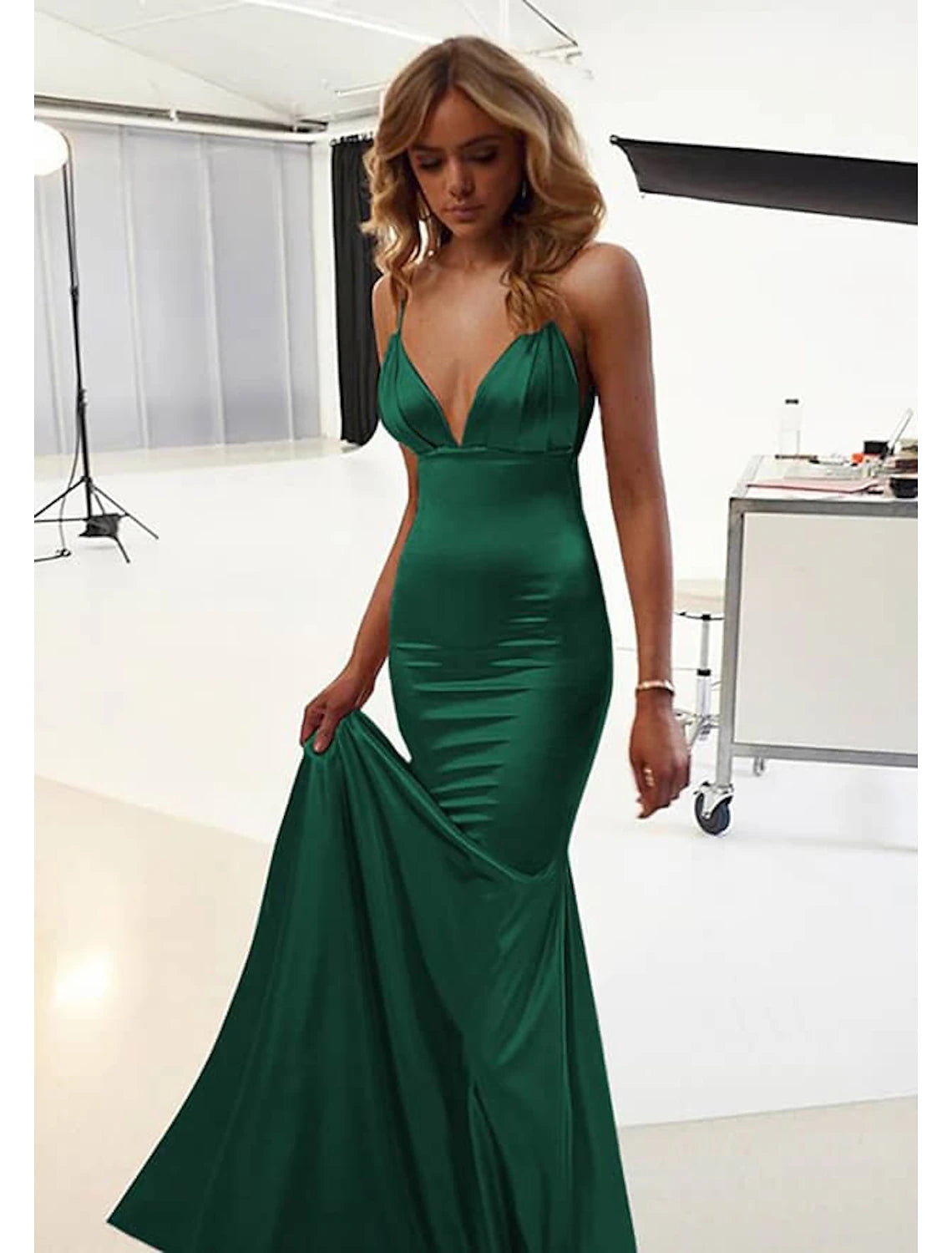 Wholesa Mermaid / Trumpet Wedding Guest Dresses Sexy Dress Prom Black Tie Gala Floor Length Sleeveless Spaghetti Strap Cotton Backless with Ruched