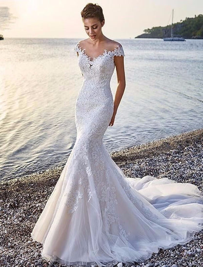 wholesale  Beach Formal Wedding Dresses Mermaid / Trumpet Scoop Neck Off Shoulder Cap Sleeve Court Train Lace Bridal Gowns With Appliques