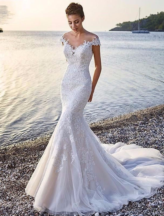 Reception Casual Wedding Dresses Mermaid / Trumpet Scoop Neck Sleeveless Sweep / Brush Train Stretch Fabric Bridal Gowns With Beading Solid Color main image 0