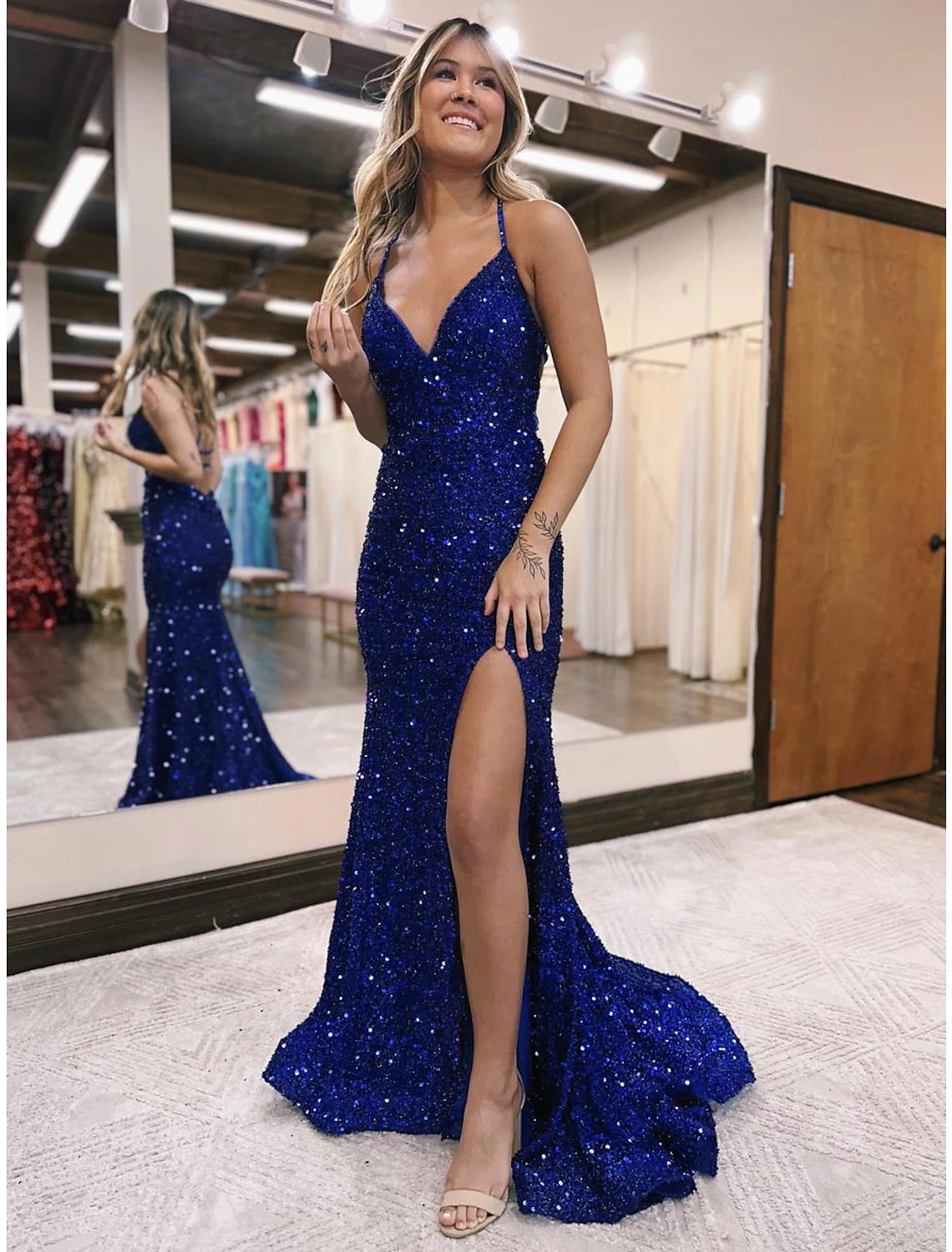 Wholesa Mermaid / Trumpet Prom Dresses Sparkle & Shine Dress Formal Wedding Guest Sweep / Brush Train Sleeveless V Neck Sequined Backless with Sequin Slit