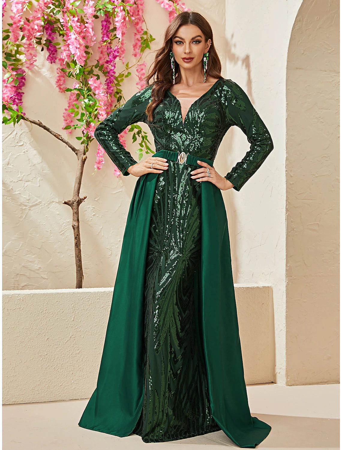 Wholesa Mermaid / Trumpet Evening Gown Sparkle & Shine Dress Formal Wedding Sweep / Brush Train Long Sleeve V Neck Detachable Polyester with Sequin Overskirt