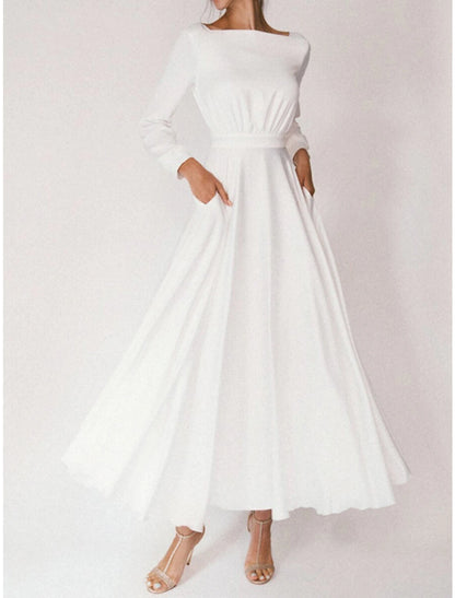 Wholesa Bridal Shower Simple Wedding Dresses A-Line Square Neck Long Sleeve Ankle Length Chiffon Bridal Gowns With Pleats Summer Wedding Party