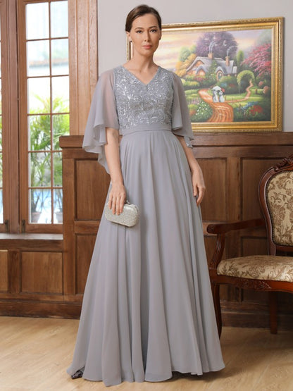 Wholesa  A-Line/Princess Chiffon Applique V-neck 1/2 Sleeves Floor-Length Mother of the Bride Dresses