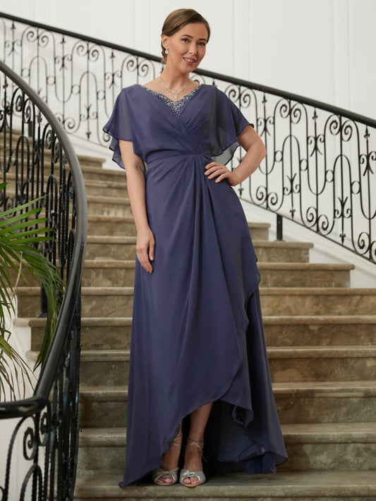 A-Line/Princess V-neck Short Sleeves Long Chiffon Mother of the Bride Dresses