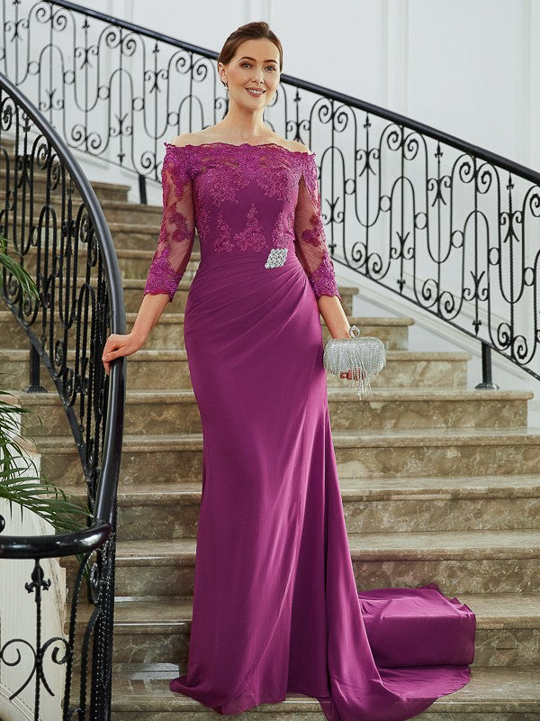 Wholesa Sheath/Column Chiffon Applique Off-the-Shoulder 3/4 Sleeves Sweep/Brush Train Mother of the Bride Dresses