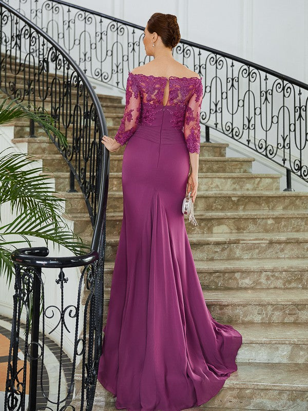 Wholesa Sheath/Column Chiffon Applique Off-the-Shoulder 3/4 Sleeves Sweep/Brush Train Mother of the Bride Dresses
