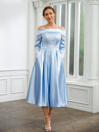 Wholesa A-Line/Princess Elastic Woven Satin Ruched Off-the-Shoulder Long Sleeves Tea-Length Mother of the Bride Dresses
