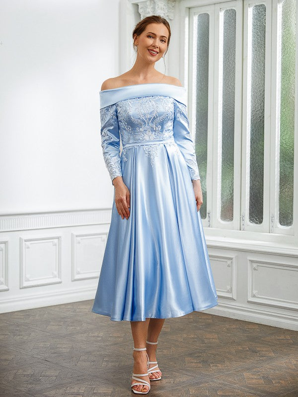 Wholesa A-Line/Princess Elastic Woven Satin Ruched Off-the-Shoulder Long Sleeves Tea-Length Mother of the Bride Dresses
