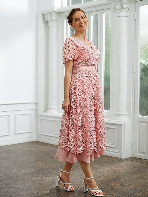 Tea-length V-Neck Chiffon A-Line Dress with Ruched Waist Azalea