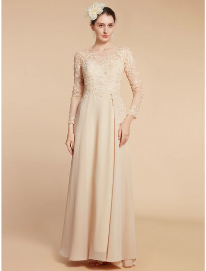 Wholesa  A-Line Mother of the Bride Dress Wedding Guest Elegant Jewel Neck Ankle Length Chiffon Lace Long Sleeve with Ruching Solid Color
