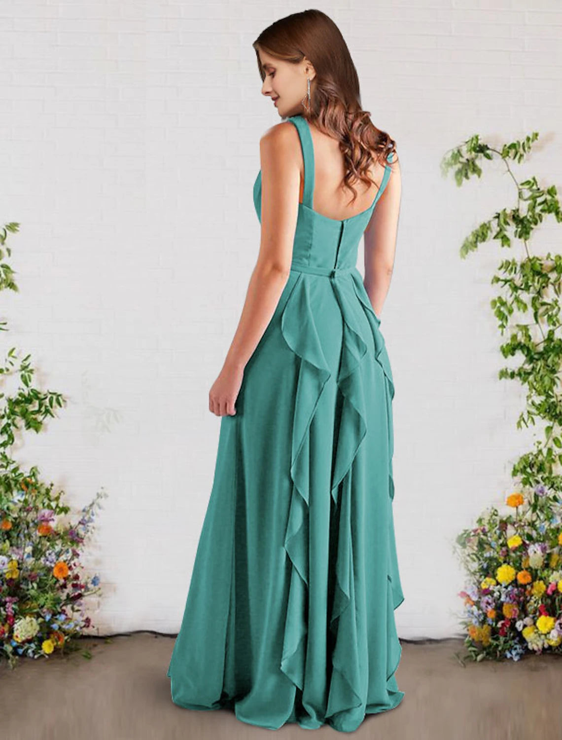 wholesale   A-Line Bridesmaid Dress V Neck Sleeveless Elegant Floor Length Chiffon with Ruffles