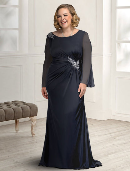 wholesale  Sheath / Column Mother of the Bride Dress Plus Size Elegant Jewel Neck Sweep / Brush Train Chiffon Long Sleeve with Ruched Crystal Brooch