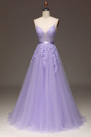 Spaghetti Straps A Line Beading Flowers Tulle Prom Dress LBQ3558 main image 1