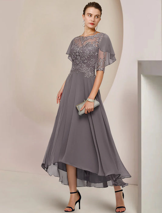 wholesale   A-Line Mother of the Bride Dress Formal Fall Wedding Guest Elegant Scoop Neck Asymmetrical Tea Length Chiffon Lace Half Sleeve with Beading Appliques