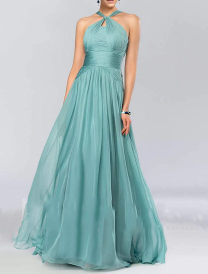 Wholesa  A-Line Bridesmaid Dress Halter Neck Sleeveless Elegant Floor Length Chiffon with Pleats / Draping