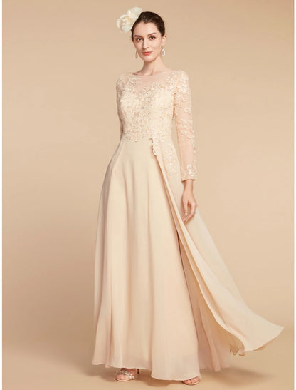 Wholesa  A-Line Mother of the Bride Dress Wedding Guest Elegant Jewel Neck Ankle Length Chiffon Lace Long Sleeve with Ruching Solid Color