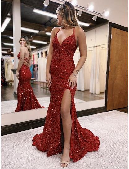 Wholesa Mermaid / Trumpet Prom Dresses Sparkle & Shine Dress Formal Wedding Guest Sweep / Brush Train Sleeveless V Neck Sequined Backless with Sequin Slit