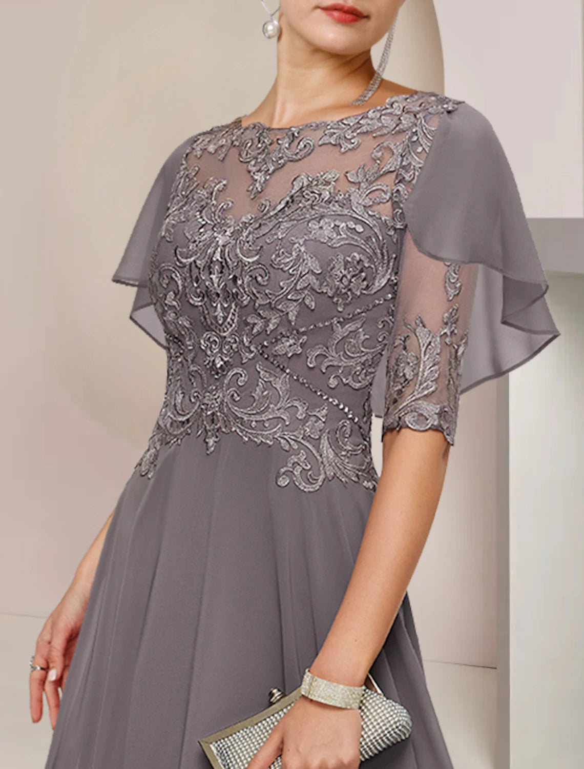 wholesale   A-Line Mother of the Bride Dress Formal Fall Wedding Guest Elegant Scoop Neck Asymmetrical Tea Length Chiffon Lace Half Sleeve with Beading Appliques